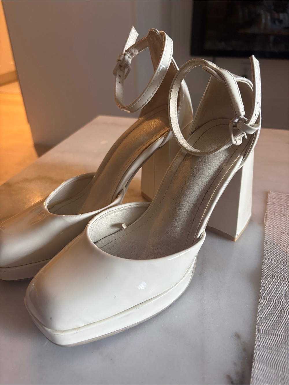 Women's Cream Patent Block Heel Ankle Strap Pumps
